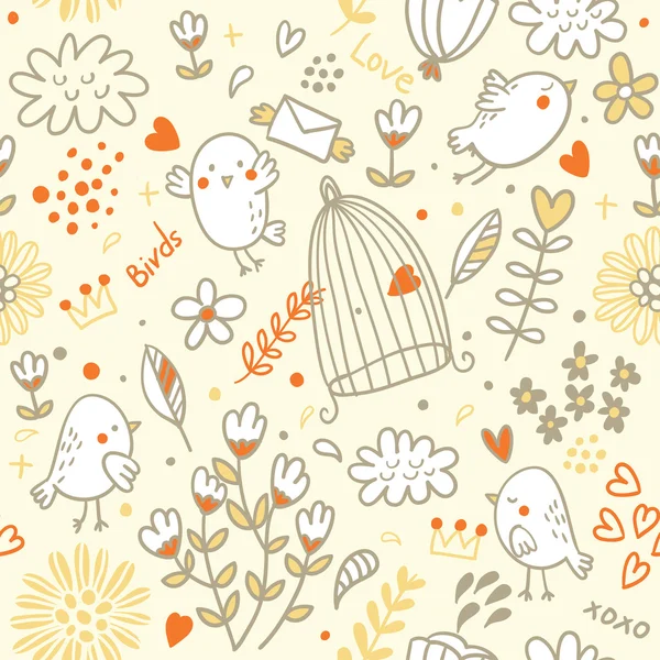 Seamless floral pattern with birds — Stock Vector