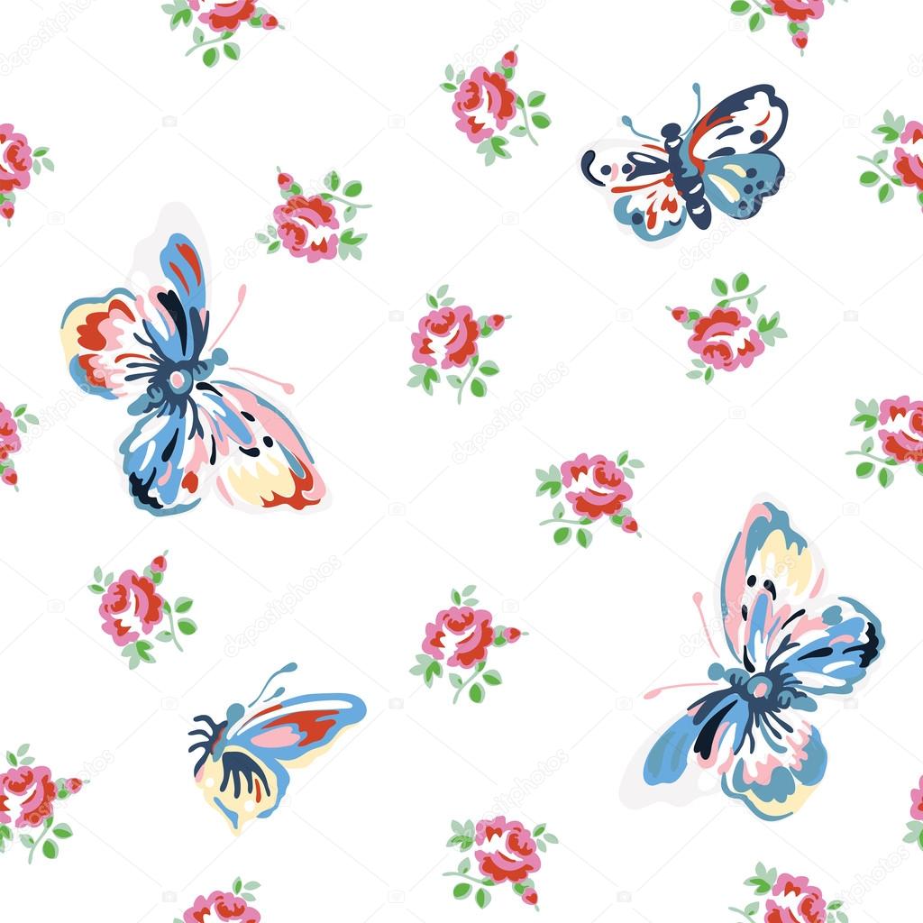 Vector floral seamless pattern with roses and butterflies