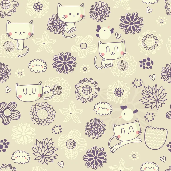 Ilustracja Cute bez szwu kwiatowy wzór z zabawnymi kotów i ptaków — Wektor stockowy