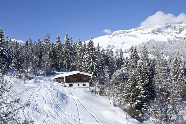 İsviçre Alpleri'nde kış. dağ evi ile dağ manzarası. — Stok fotoğraf