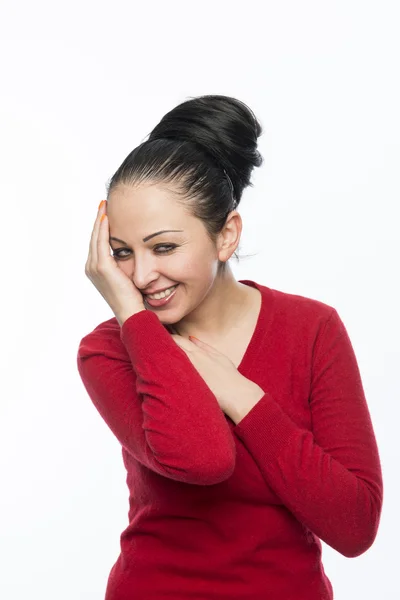 Beautiful female model wearing red jumper — Stock Photo, Image