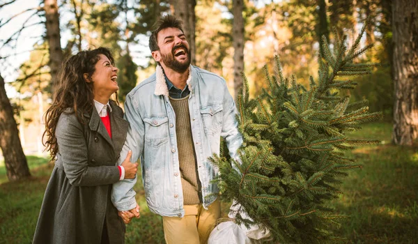 Casal Feliz Com Uma Árvore Mercado Natal — Fotografia de Stock