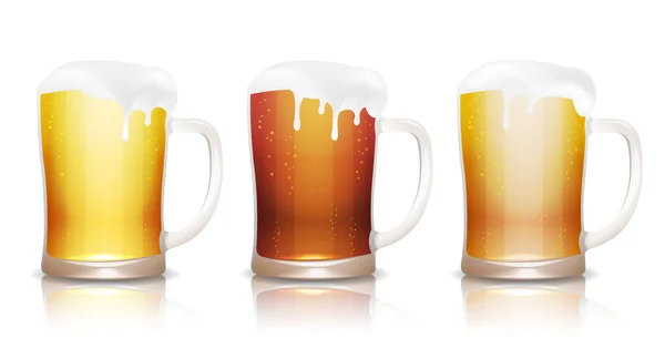 Light, dark and unfiltered beer in mugs with reflection — Stock Vector