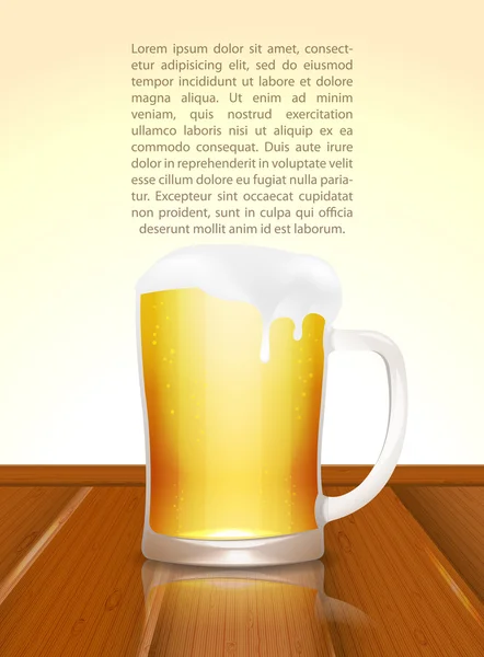 Taza de cerveza sobre mesa de madera — Vector de stock