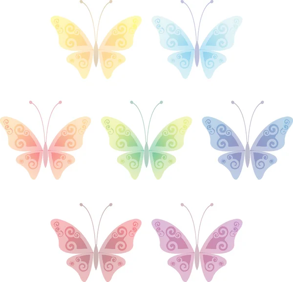 Collection of seven transparent butterflies — Stock Vector