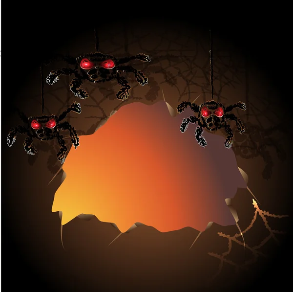 Einladungskarte zu Halloween, Höhle mit Spinnen — Stockvektor