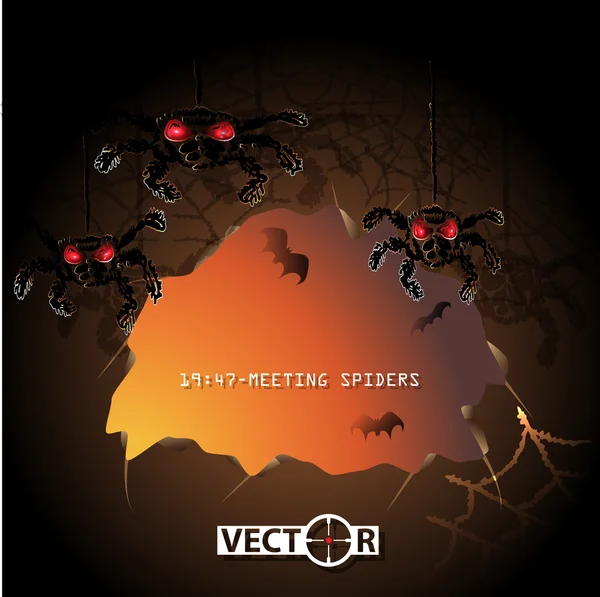 Carte d'invitation Halloween, grotte aux araignées et chauves-souris — Image vectorielle