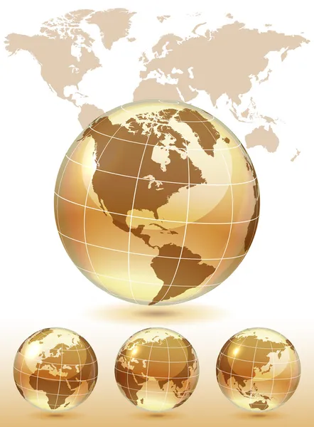 Vistas diferentes do globo de vidro dourado — Vetor de Stock
