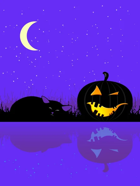 Calabaza y gato de Halloween, durmiendo bajo la luna — Vector de stock