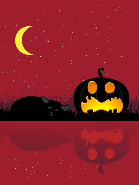 Calabaza y gato de Halloween, durmiendo bajo la luna — Archivo Imágenes Vectoriales