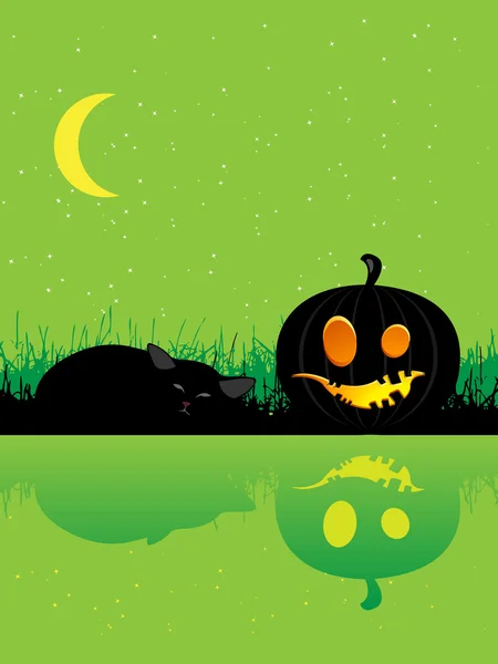 Halloween pompoen en kat, slapen onder de maan — Stockvector