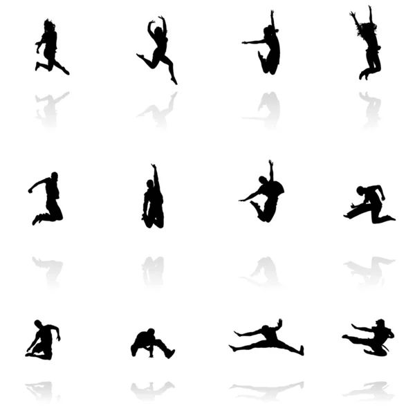 Jumping people silhouettes with reflection — Stock Vector