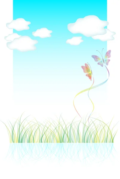 Rumput, awan dan kupu-kupu - Stok Vektor