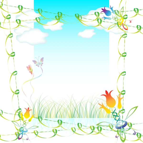 Grass, clouds and butterflies — Stock Vector