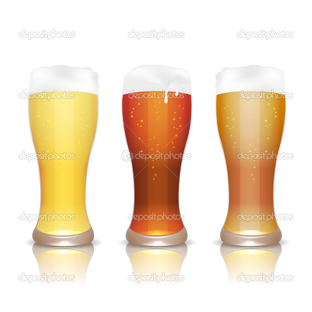 Light, dark and unfiltered beer in glasses with reflection
