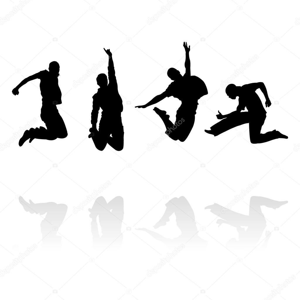 Jumping men silhouettes with reflection