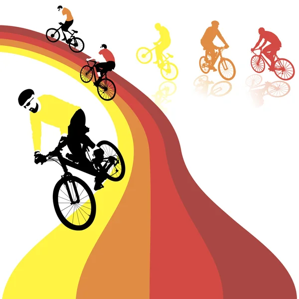 Three bicyclists riding the rainbow — Stock Vector