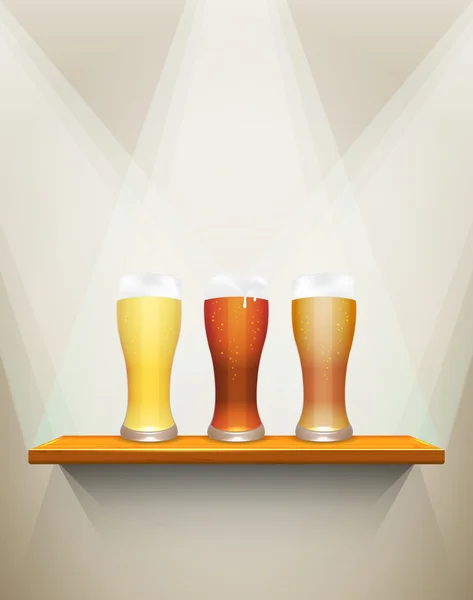 Light, dark and unfiltered beer on the shelf — Stock Vector