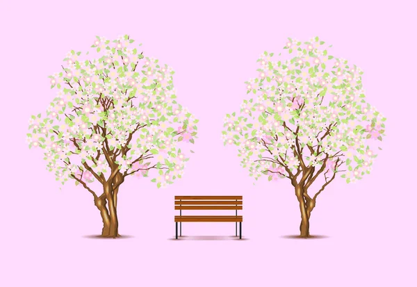 Traditional japanese trees and bench — Stock Vector