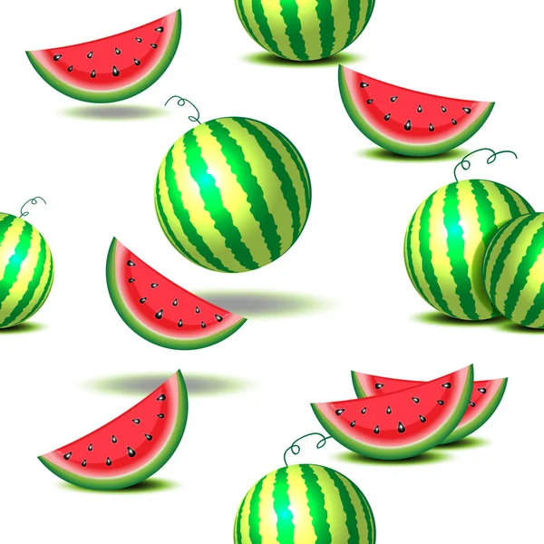 Naadloze achtergrond van hele watermeloenen en segmenten — Stockvector