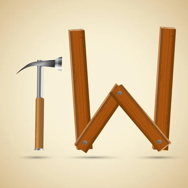 Alfabeto de madeira, letra W e martelo — Vetor de Stock