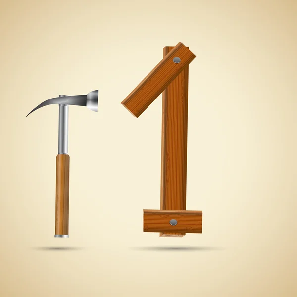 Houten alfabet, nummer 1 en hammer — Stockvector