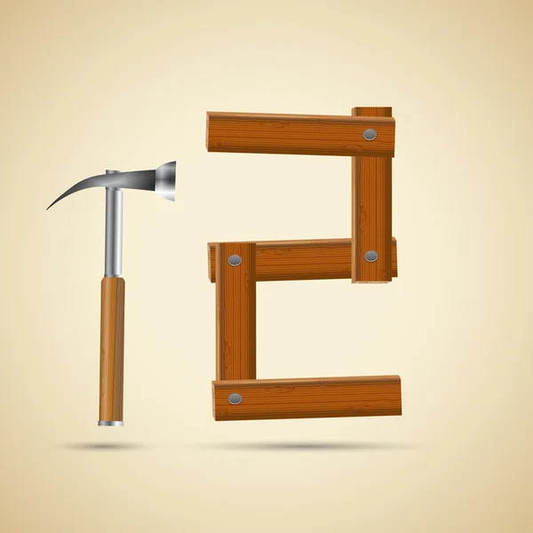 Alfabeto di legno, numero 2 e martello — Vettoriale Stock