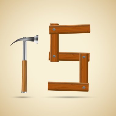 ahşap alfabe, sayı 5 ve çekiç