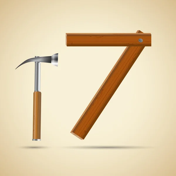 Holzalphabet, Zahl 7 und Hammer — Stockvektor