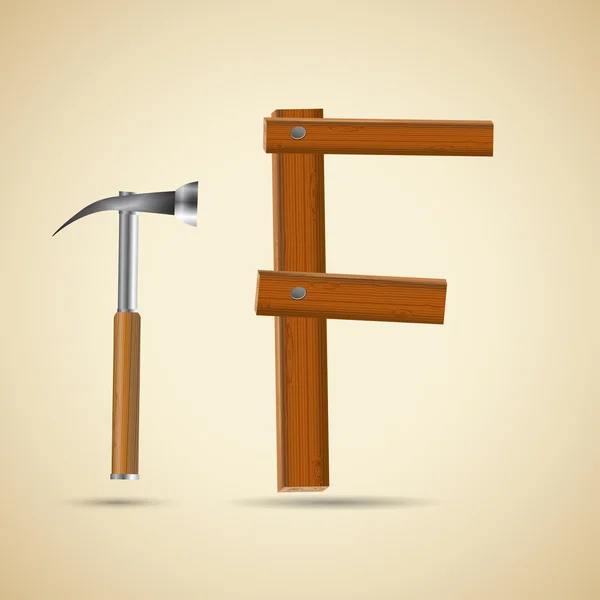 Alfabeto di legno, lettera F e martello — Vettoriale Stock