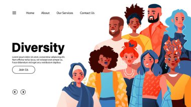 İniş sayfası şablonu kavramı, farklı milletlerden insanların bulunduğu web siteleri tasarlamak. Gülümseyen kadın ve erkekler bir arada. Irksal önyargı eşitliği ve mücadelesi.