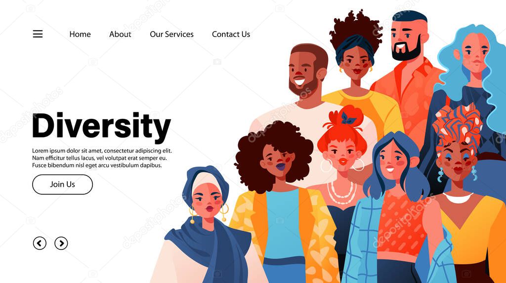 Concept for landing page template, design websites with people of different nationalities. Group of smiling men and women standing together. Equality and combating racial prejudice.