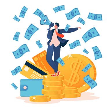 Bağış toplama, iş katkısı, başlangıç sermayesi kavramı. Vektör karakteri megafona bağırıyor. Üstüne para, para ve kağıt yığını ve dolar yağarken.