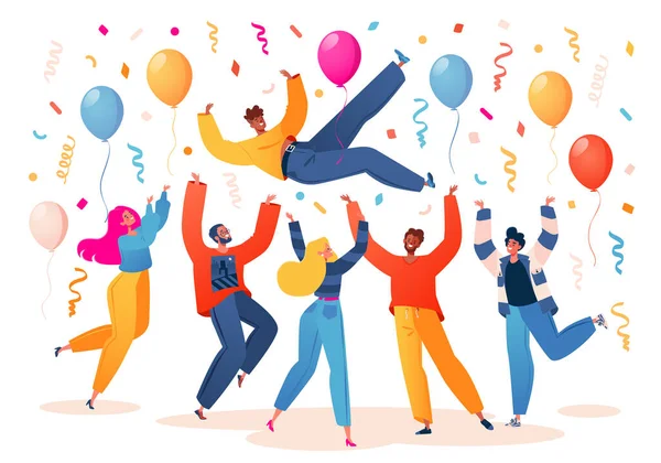 People Celebrate Achievement Victory Friends Birthday Party Congratulating Celebrating Flat — Stock Vector