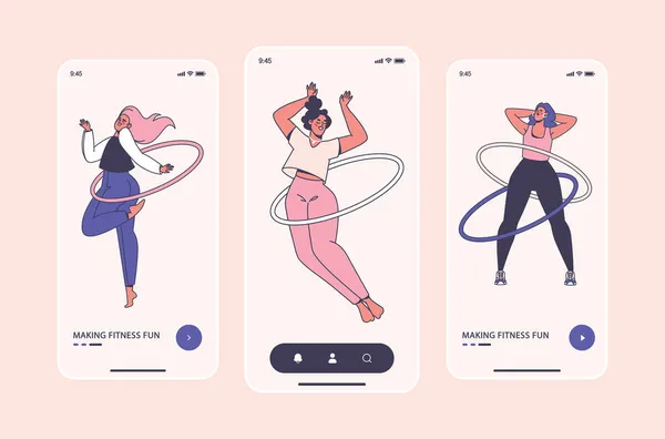 Mobiele App Pagina Het Scherm Sjabloon Fitness Concept Meisjes Oefenen — Stockvector