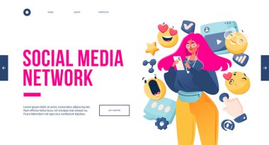 Sosyal ağ kavramı, internet vasıtasıyla iniş sayfası için iletişim. Vektör illüstrasyonlu web tasarım şablonu. Genç bir kız, şık giyinmiş, elinde telefonla arkadaşlarıyla mesajlaşıyor..
