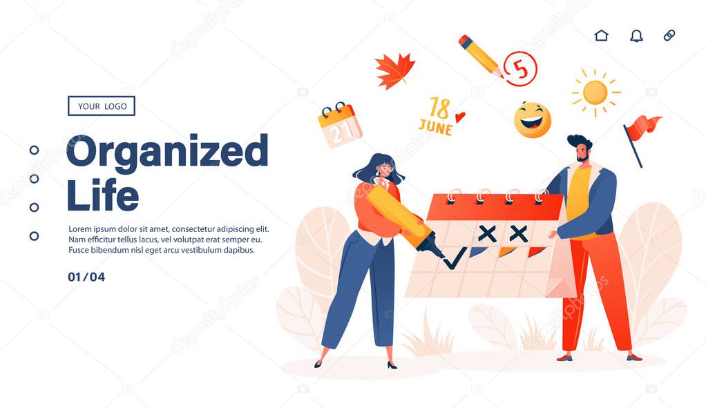 Calendar, schedule reminder landing page template. Male and female character scheduling life events, meetings, work projects with calendar on digital smartphone device. Cartoon vector illustration.