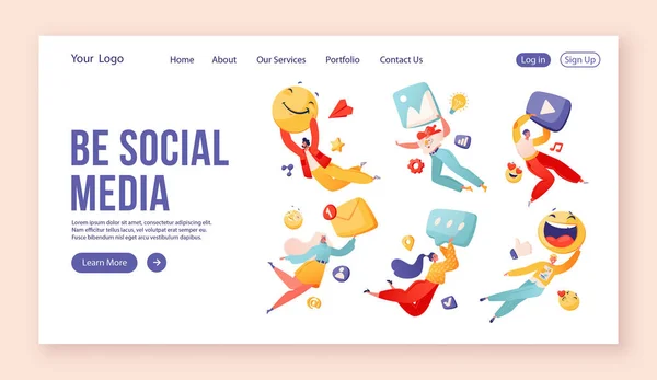Gente Feliz Volando Sosteniendo Emojis Iconos Redes Sociales Landing Page — Vector de stock