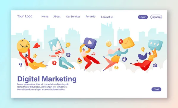 Pagina Iniziale Web Design Modello Pubblicità Marketing Digitale Internet Social — Vettoriale Stock