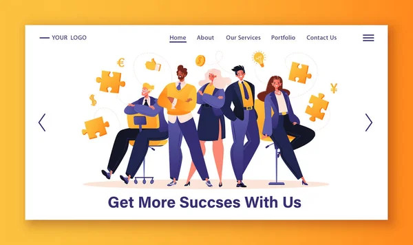 Success, Business, Teamwork concept for landing page template. Men and women in suits invite to become part of their team. Searching for employees, inviting to work in office, become part of business.