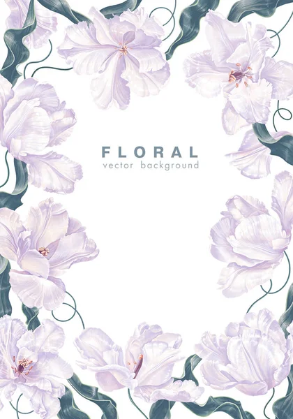 Marco Floral Con Tulipanes Vectoriales Plantas Blancas Muy Realistas Dibujadas — Vector de stock
