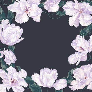 Kare yay çerçeve pankartı, üzerinde beyaz laleler, metin için boşluk. Sosyal ağlar için şablon, açık hava reklamcılığı. Son derece gerçekçi çiçekler, vektör.