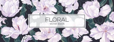 Spring floral vector background, banner, poster with flowers of white tulips, petals and leaves. Realistic style, hand-drawn, vector. Can be used as cover for social network advertising banner