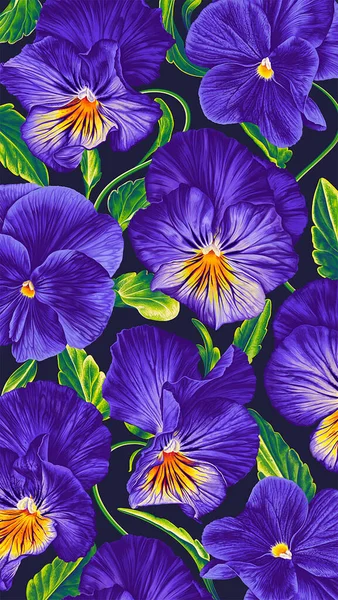Vector Botanical Illustration Floral Vertical Background Realistic Flowers Pansies Viola — Stockvector