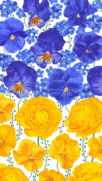 Verticale Vector Bloemen Achtergrond Kleuren Van Oekraïense Vlag Realistische Botanische — Stockvector