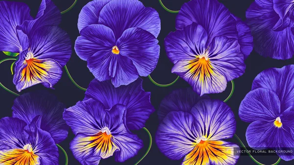 Великий Флористичний Фон Темно Пурпуровими Блакитними Квітами Pansies Viola Темному — стоковий вектор