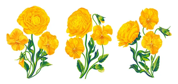 Kuning Vektor Bunga Botani Komposisi Seni Klip Pada Latar Belakang - Stok Vektor