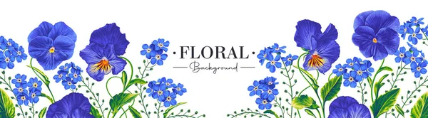 Fondo Horizontal Largo Banner Plantilla Tarjeta Marco Con Flores Vectoriales — Vector de stock