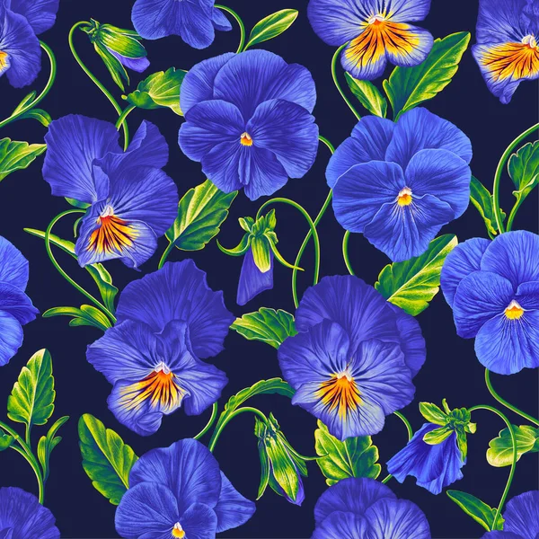 Płynny Wzór Wektor Bratki Niebieski Żółty Violas Realistyczne Kwiaty Liści — Wektor stockowy