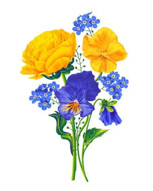 Beyaz arka planda izole edilmiş botanik illüstrasyonda gerçekçi düğün çiçekleri, hanım evlatları ve unutma beni. Tasarımınız için kompozisyon hazırlayın. Kartpostallar, reklam pankartları için tırman 